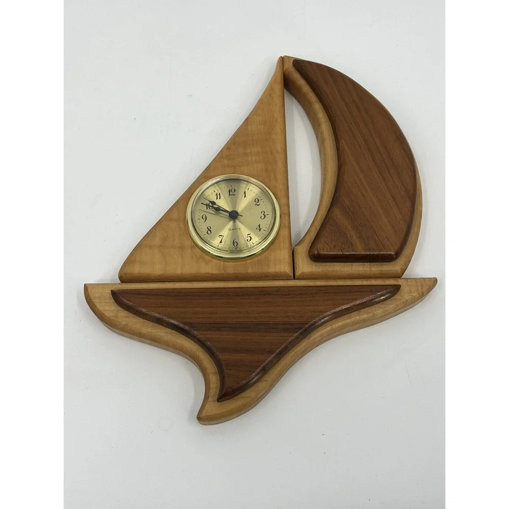 Handcrafted Wood Sailboat Clock Untested - Handmade Two Tone